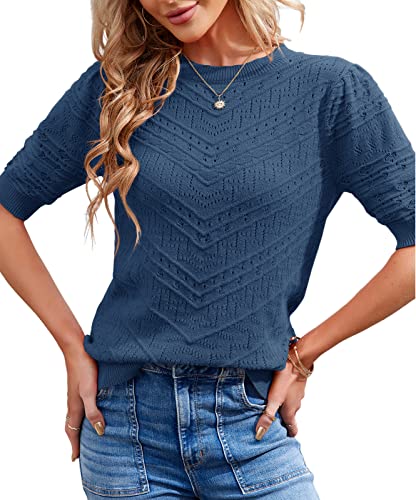 Image of Womens Puff Short Sleeve Sweater Summer Crew Neck Ribbed Knit Pullover Tops
