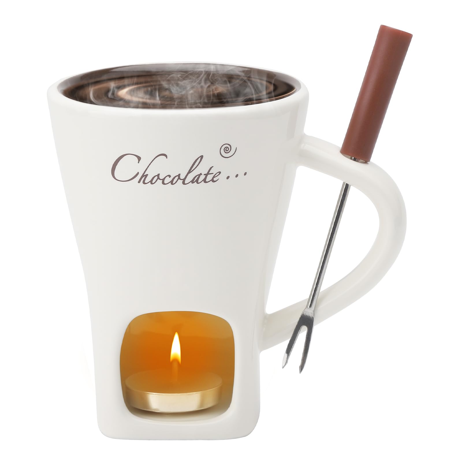 Filiżanka do fondue czekoladowego z widelcami, 200 ml, ceramiczny zestaw do czekoladowego fondue, kubek do topienia czekolady, zestaw do fondue z widelcem i podgrzewaczem, do sera, czekolady, masła