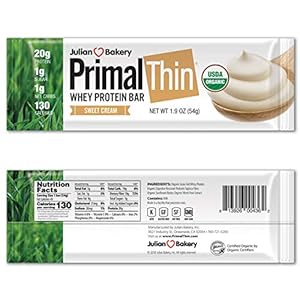 Primal Thin Protein Bars w/ 20g Organic Protein Grass Fed Whey (130 Cal, 1g Sugar, 1 Net Carb) (Gluten Free) (12 Bars)