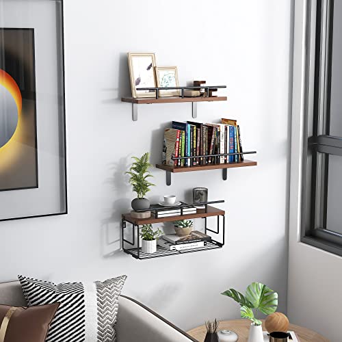 Bathroom Floating Shelves With Wire Storage Basket [ 3+1 Tier ] Farmhouse Wall Decor Shelves, Bathroom Wall Shelves With Toilet Paper Holder & Metal Guardrail | Solid Pine Wood, Brown #TOP5