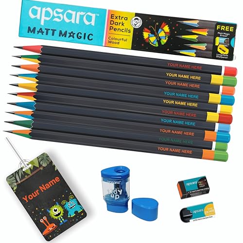 80 Pieces Personalized Pencil | Custom Pencil with Name for Kids – Name Engraved Pencil Set, Includes Bag Tag, Sharpener & Eraser, Ideal for Kids Birthday & Return Gifts (8 Boxes), Multicolor (8)