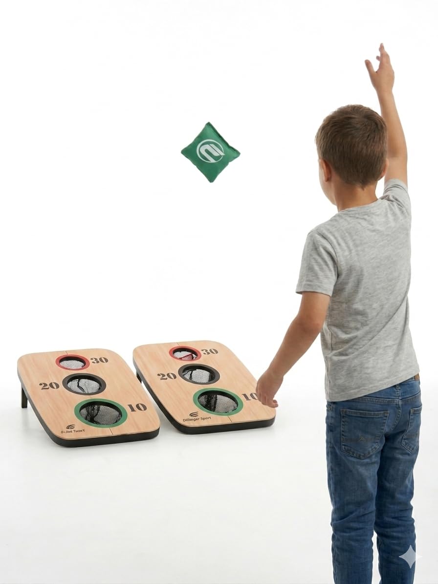 3 Hole Bean Bag Toss Cornhole Spiel - Wurfspiel mit Sandsäcken - Outdoor Geschicklichkeitsspiel für Kinder und Erwachsene - Klappbare Holzbretter mit 6 Wurfsäcken