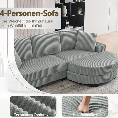 DUlVBPE L-förmiges Ecksofa – 4-Sitzer Sofa, 256.5 x 133.5 x 89 cm, Klassisches Corduroy, Modulares Design mit Ovalem Hocker, 2 Kissen Inklusive, Ideal für Wohnzimmer, Apartments & Büros, Gray – Bild 6
