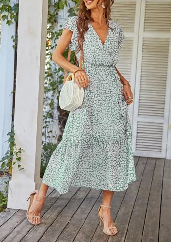 PRETTYGARDEN Women's Summer Floral Boho Maxi Dress Wrap Short Sleeve V Neck Ruffle A-Line Flowy Wedding Guest Long Dresses