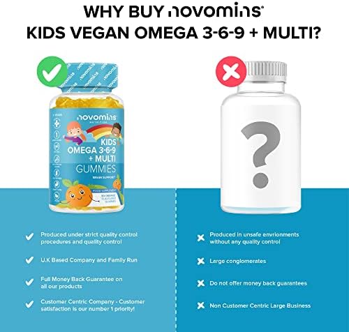 Kids Omega 3 6 9 Gummies  Kids Multivitamin E & D - Vegan - 1 Month Supply  Chewable Childrens Omega 3 6 9 Supplement  Plant Based Alternative to Fish Oil  Kids Vitamins by Novomins
