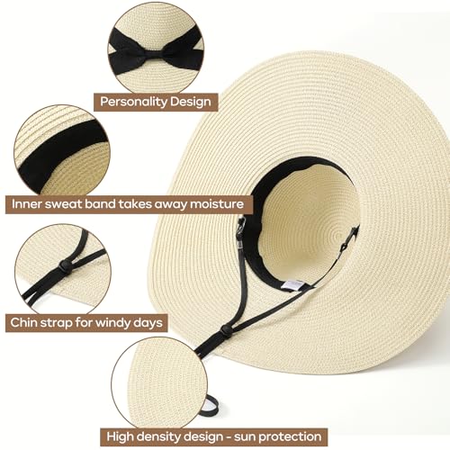 Image of Beach Hats for Women - Sun Hat Womens, Wide Brim Straw Womens Sun Hat with Wind Lanyard Roll Up Foldable UV Protection
