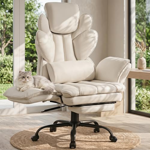 Image of Flip Armrests Criss Cross Office Chair, Reclining Office Chair with Foot Rest, Adjustable Headrest, Massage Waist Pillow, Cross Legged Big and Tall Desk Chair Wide Seat Vanity Chair, PU Leather Beige