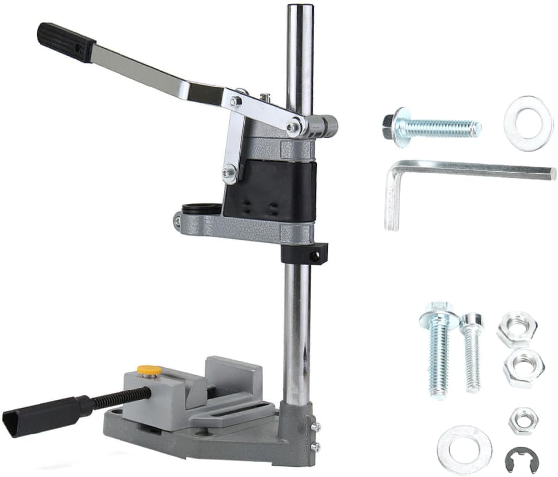 Adjustable Drill Press Stand with Iron Base, Single Hole Drill Rack and Bench Clamp Holder, Universal Power Tool Accessory for Benchtop Drilling and Workshop Use