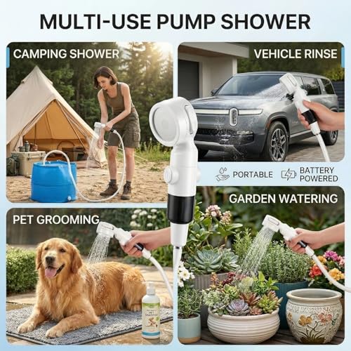 Ducha portátil para camping, bomba recargable con 3 modos de rociado, kit de ducha para exteriores con soporte de succión y bolsa de malla para viaje, baño de mascotas, lavado de autos y riego en el jardín miniatura 7