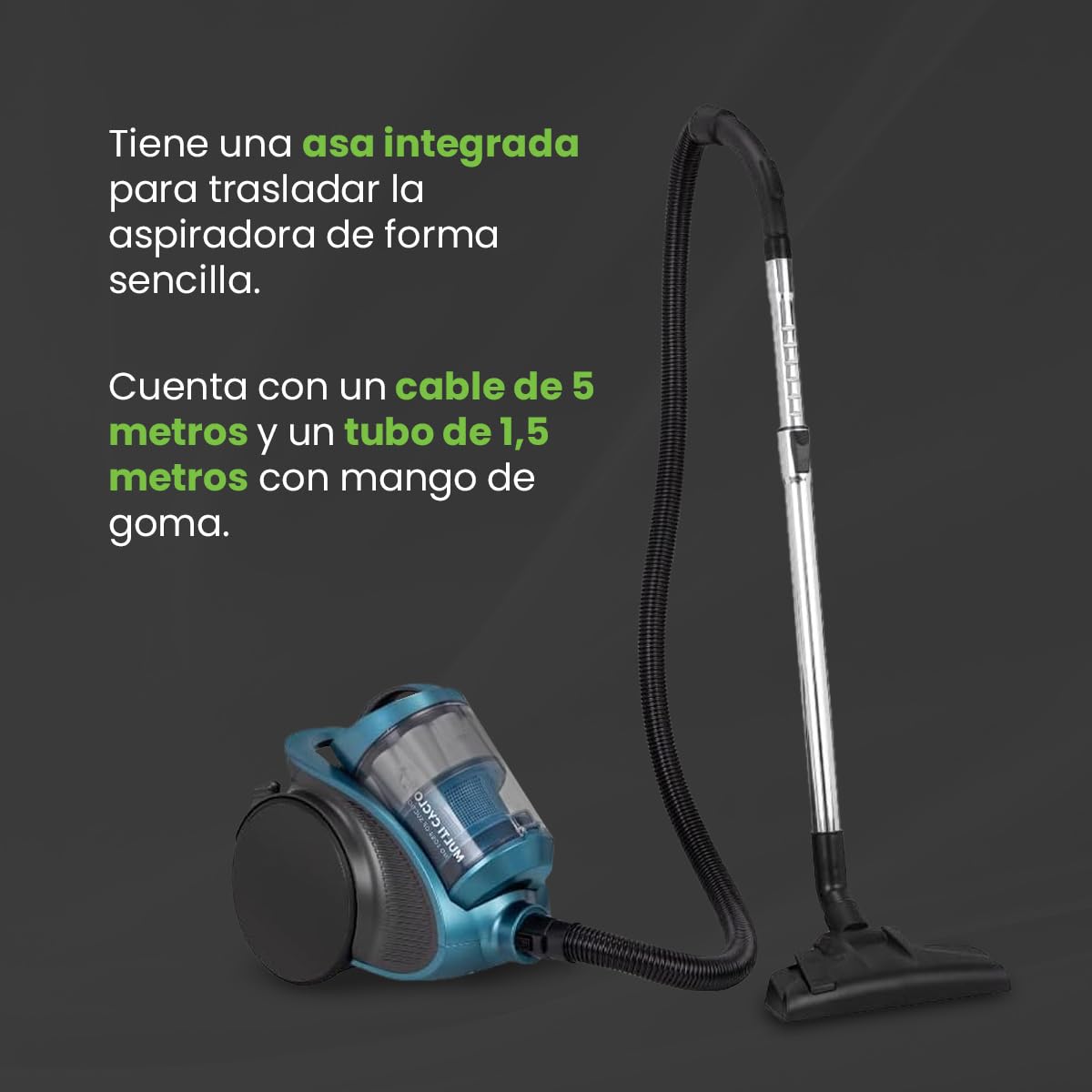 Kubo - Aspiradora sin Bolsa Filtro HEPA - Incluye 4 Accesorios - Funcionamiento Silencioso de 79 dB - Succión de 13 Kpa - Depósito de 2,5 L - Potencia 700W - Color: Quetzal Green