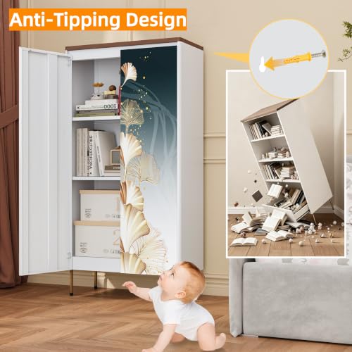 Image of 47 inch Metal Pantry Cabinet,White Kitchen Pantry Cabinets with Doors | Small Freestanding Storage Cabinet with Adjustable Shelves,Modern Cabinet for Living Room, Kitchen,Dining,Leaf Pattern
