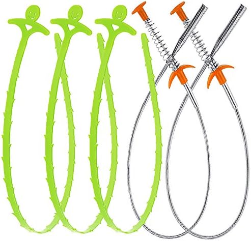 Drain Snake Auger Clog Remover Flexible Grabber Pick Up Tool - Unclog Hair from Drain, Shower, Sink, Bathtub, Toilet, Cleaner Dryer Vents Stainless Steel (Set of 2 with 3 Bonus Plastic Drain Snake)