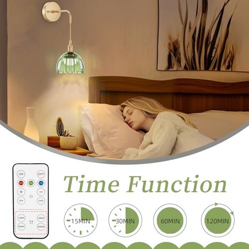 Image of Battery Operated Wall Sconce CCT Dimmable Wireless Sconcesm Vintage Light Fixture with Green Tulip Glass Lampshade Wall Decor Set for Living Room Bedroom Bedside Bathroom 1PC Green