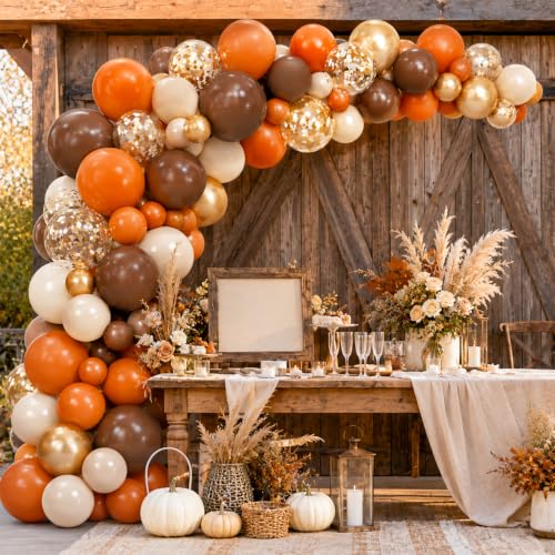 Image of Burnt Orange Brown Balloons, 12 Inch Fall Thanksgiving Autumn Latex Balloon | Terracotta Tan Dark Brown Metallic Gold White Sand Cream Balloon for Harvest Friendsgiving Birthday Baby Shower Party Decor