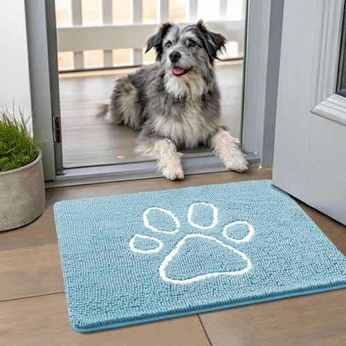 Image of Smiry Dog Door Mat for Muddy Paws, Absorbent Dirt Trapper Non Slip Quick Dry Washable Chenille Mat for Mud Dogs, Entry Rug for Indoor and Outdoor (24x16 Inches, Sky Blue and White)