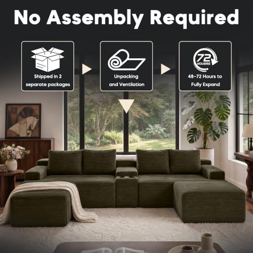 Image of 140 inch Modular Sectional Sofa, U-Shape Corduroy Boneless Couch Brown
