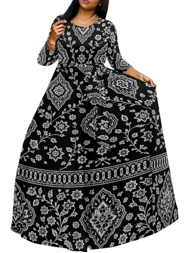 Image of Women Plus Size Long Sleeve V Neck Maxi Dress with Belt | Soft fabric relaxed fit three quarter sleeve v neck with pockets for party and daily wear