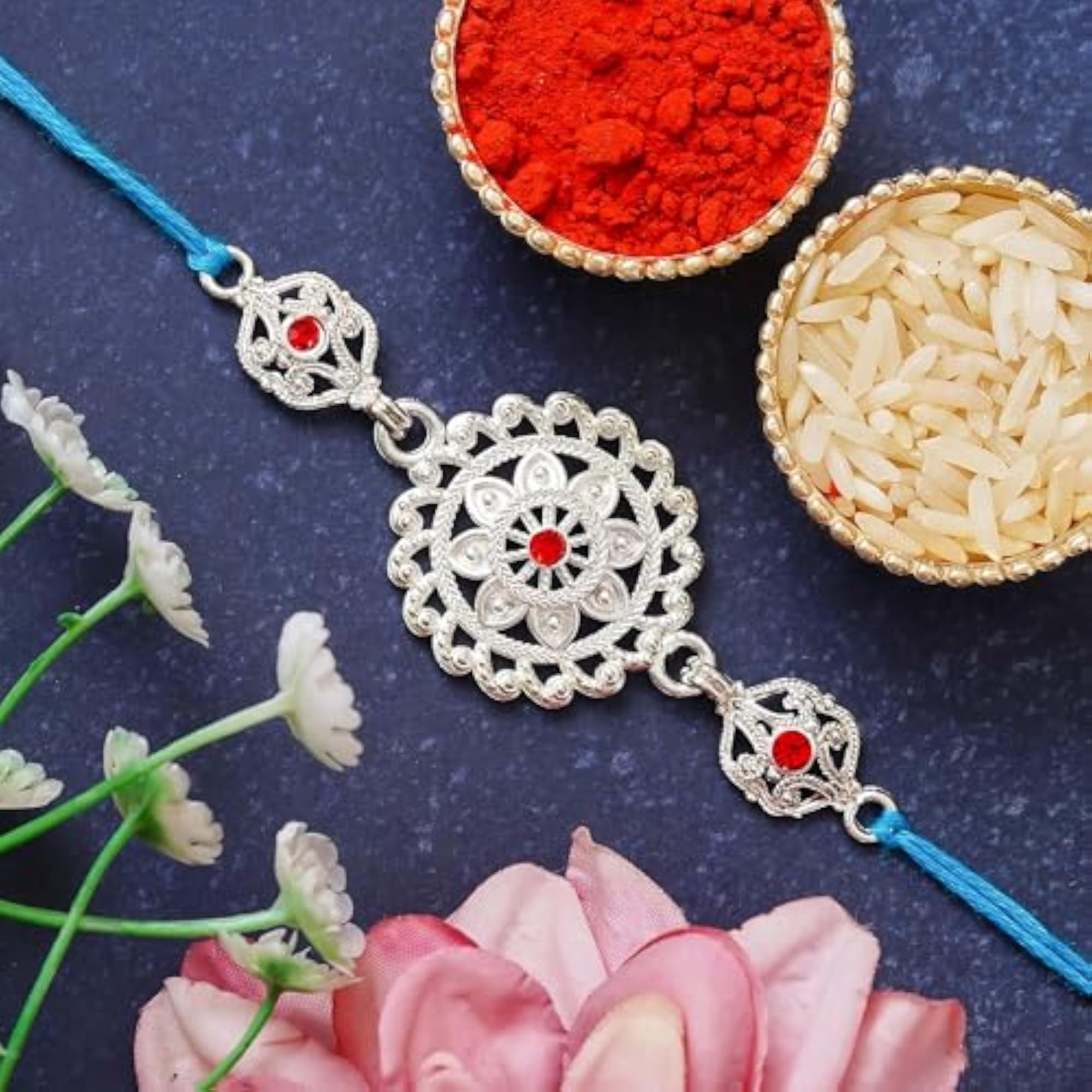 Floral Silver Rakhi for Brother with Roli Chawal Pack