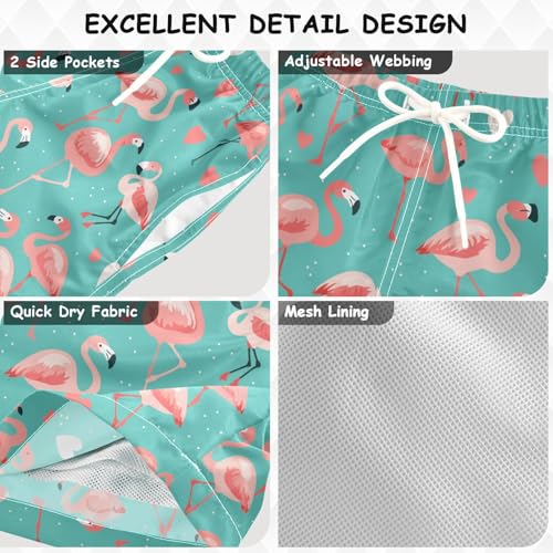 Boys Quick Dry Swim Trunks with Pockets Pink Flamingos Hearts Beach Shorts for Kids, Toddler Swimsuit Boy3