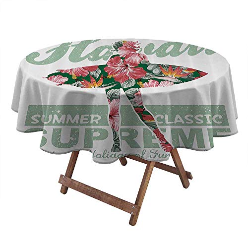 Philip C. Williams Fiesta Tablecloth Hawaiian Decorations Collection Tropical Hawaii Hibiscus Surfing Girl Silhouette Surfboard Retro Themed Artprint Round Table Cover Picnic Table Cloths Coral Green