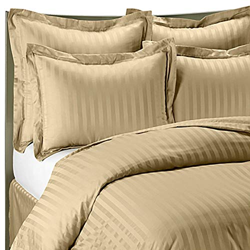 King Comforter Set - 7 Pieces, Luxurious 100% Cotton with 250 Thread Count Sateen, Stylish Classic Stripe Pattern - Soft Microfiber Filling, Size: 240 x 260 cm, Bronze