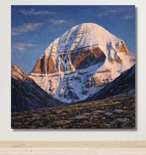 Image of Kunj Cart Mount Kailash Painting | 10+ DESIGNS | Kailash Parvat Canvas Painting for Living Room, Temple Home & Office Wall Decoration (Kailash Mountain Photo, 12x12 Inch, Framed)