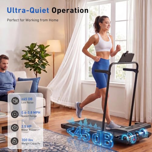 Image of DeerRun Walking Pad Treadmill, 7% Incline Foldable Treadmill with Handlebar | Quiet Under Desk Treadmill with Handlebar, 2.5HP & 3.8MPH, 300 lbs Capacity for Home Office Walking with App