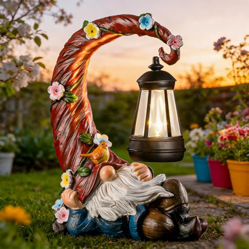 twinbling Garden Gnomes Outdoor Statue with Solar Light Waterproof Resin Gnome Decor Funny Garden Sculptures for Patio Lawn Yard Mom Gifts for Mothers Day Housewarming