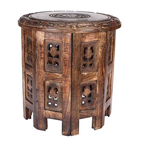 Solid Wood Hand Carved Accent Table, Side Table, Entryway Table, Wooden End Table, Bedside Table, Octagonal Wooden Table - 12 Inch Round Top x 12 Inch High - Burnt