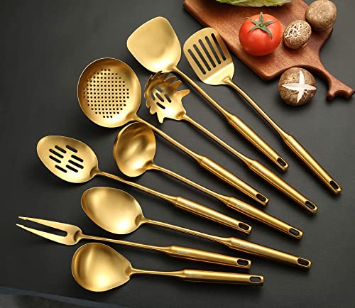 Gold Kitchen Utensils Set, Standcn 9 Pcs 304 Stainless Steel All Metal Cooking Tools With Meat Fork, Solid Spoon, Slotted Spoon, Spatula, Ladle, Skimmer, Slotted Spatula, Spaghetti Server, Large Spoon #TOP2