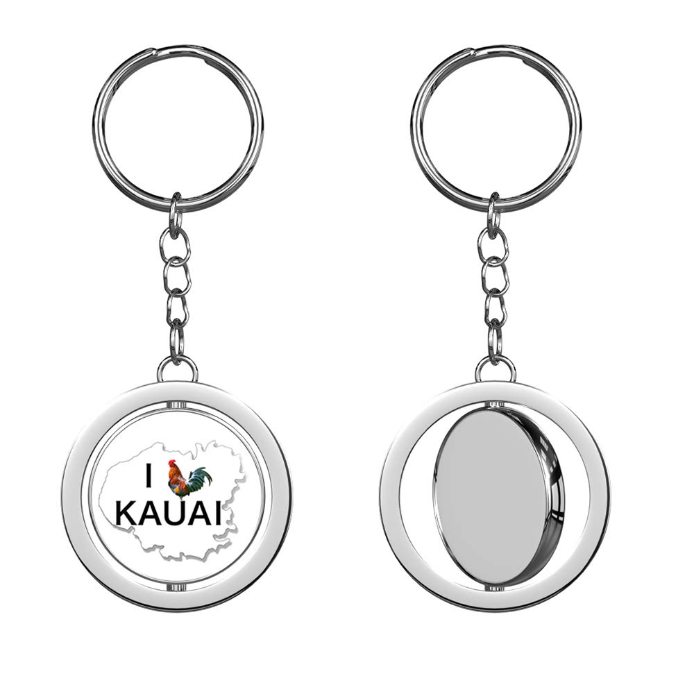 PRS VinylPRS Vinyl Kauai Shaped I Rooster Kauai - Island Hawaii Garden Love Heart Keychain Spinning Round Chrome Metal Key Chain