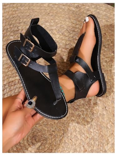 GORGLITTER Women's Double Buckle Thong Sandals Flip Flops Open Toe Ankle Strap Beach Flat Slides2