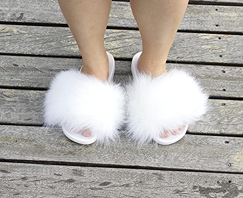 Image of Faux Fur Slides for Women, Fuzzy Slippers Fluffy Sandals Furry House Shoes Indoor Outdoor