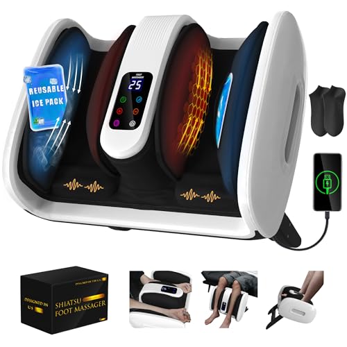SUMELL Foot Massager with Heat & Ice Therapy-FSA HSA Eligible-Shiatsu Foot Massager for Neuropathy, Circulation, Plantar Fasciitis Pain Relief-Deep Kneading Rolling, Gel Packs+Footmuffs Offered-White
