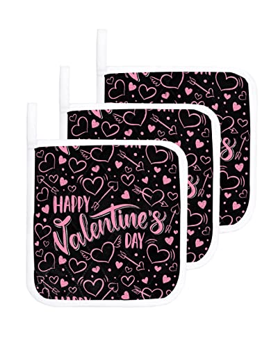 3 Packs Valentine's Day Pot Holders Sets for Kitchen,Oven Pan Plate Bowl Pads Heat Proof Mat with Hanging Loop,Thick Terry Cloth Potholders Soft Grip for Cooking Baking Pink Black Romance Love Heart