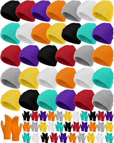 Image of JaGely 64 Pcs Kids Hats and Gloves Bulk Winter Beanies Hat Gloves for Toddler Boys Girls School Donation Wholesale