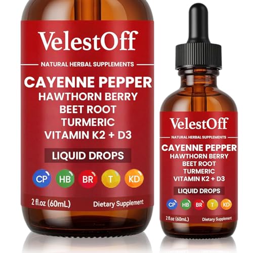 Velestoff Cayenne Pepper Drops Cayenne Circulation Blend with Hawthorn Beet Root Turmeric Vitamin K2 D3 - Vegan Non-GMO - 2FL.OZ (1 PCS)