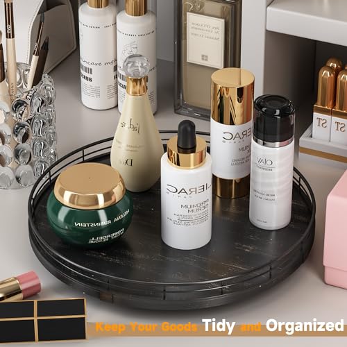 Image of 13 inch Oak Bathroom Vanity Tray Turntable for Perfume Candle, Round Wooden Decorative Tray for Kitchen Sink Countertop Organizer, Bathroom Counter Organizer for Skincare Makeup, Farmhouse Black Gold