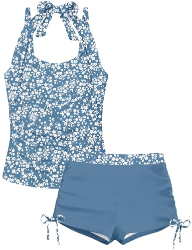 Image of Girls Swimsuit 2 Piece Halterneck Girls Tankini Swimsuit Drawstring Printed Swim Shorts Girl Bathing Suit for 7-18T