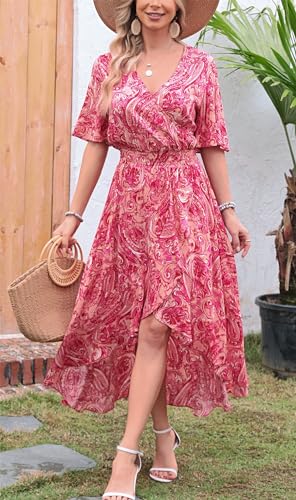 Image of Kormei Women Short Sleeve V Neck Floral High Low Flowy Summer Party Long Maxi Dress