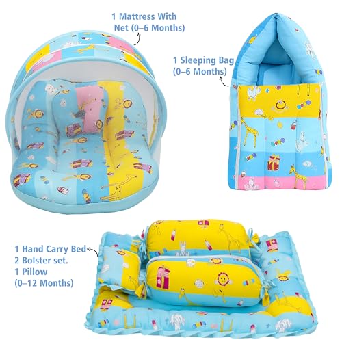 Image of Fareto Combo of Baby Bed with Net | Carry Bag | 4 Pcs Bedding Set (0-6 Months, Baby Size, Cotton) (Blue Giffi)