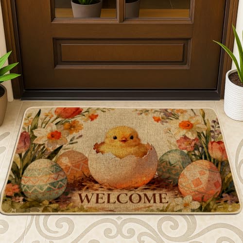 Tapete de bienvenida para puerta de pollito, flores de huevo de Pascua, color amarillo, antideslizante, atrapasuciedad, decoración de entrada para porche delantero, baño, oficina, 29 x 17 pulgadas
