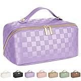 ALEXTINA Travel Makeup Bag, Vegan Leather Large Capacity Cosmetic Bags for Women,Waterproof Portable Pouch Open Flat Toiletry Bag Makeup Bag Organizer with Fixed Divider, Purple