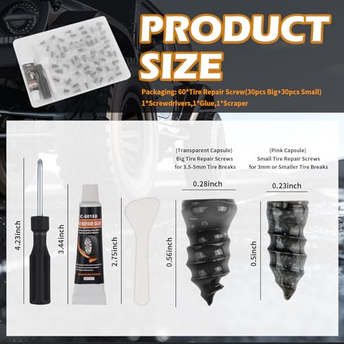 Image of 60PCS Car Tire Repair Rubber Nail Kit,Self-Tapping Tire Plug Kit Includes Tires Repairs Screws /Screwdrivers /Glue,Professional Tires Repair Screws Kits for Cars /Motorcycle