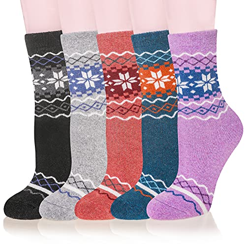 Image of Velice Wool Socks for Women Merino Wool Boot Hiking Thick Thermal Warm Winter Crew Cushion Cozy Work Socks 5 Pairs