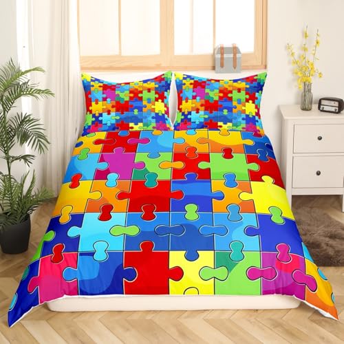 Erosebridal Jigsaw Puzzle Bedding Sets 3D Building Blocks Duvet Cover Queen,Colorful Comforter Cover Kids Boys Bricks Bed Set Rainbow Gradient Room Decor For Teen Girls,Red Blue Teal Yellow thumb #2