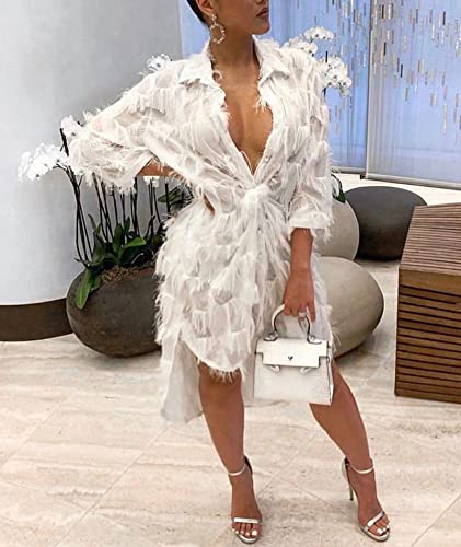 Image of xxxiticat Women's Faux Feather Mini Dress Quarter Sleeve Deep V-Neck Low Cut Asymmetric Fringe Tassel Shirt Blouse Dress