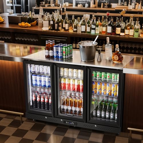 BODEGACOOLER Commercial Bar Cooler With 3 Glass Doors,12 Cu.Ft Counter Height Back Beverage Refrigerator,Display Bar Fridge with LED Lighting,Beverage Cooler for Beer Stainless Steel Top,With Casters on Fridge.com