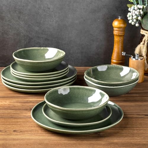 Image of AmorArc Ceramic Dinnerware Sets for 6, 18Pcs Plates and Bowls Sets Dishes | Stoneware Handmade Reactive Glaze Dinner Set, Highly Scratch Resistant | Dishwasher & Microwave Safe Dishware
