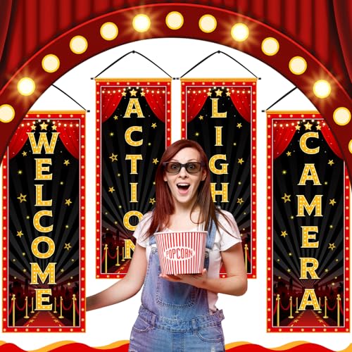 Image of Panelee 4 Pcs Movie Night Porch Banner Movie Themed Party Decorations Theater Welcome Lights Camera Action Front Door Sign Hanging Decoration for Home Photo Film Booth Backdrop Party Supplies